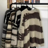 Shopmocho Soft Faux Mink Stripe Color Block Sweater Women's Autumn Winter Loose Design Lazy Style Knitted Top Thick Winter Suitable