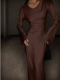 Shopmocho Women's Bespoke Satin Maxi Dress with Corset Waist Tie Classic Round Neck & Dramatic Flared Sleeves Luxury Evening Dress
