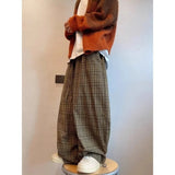 Shopmocho Retro American Canvas Straight Leg Pants Fine Plaid Design Sensation Small Audience Wide Leg Casual Trousers for Women