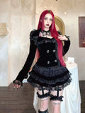SHOPMOCHO Gothic Palace Style Lace Black 2-piece Set Women High Street Darkly Slim Patchwork Cross Cake Skirt Suit Y2k Hot Girl Outfits