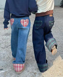 SHOPMOCHO Korean Style Harajuku Style Fashionable Heart-shaped Checkered Patch Jeans High Street Couple Checkered Flared Wide Leg Jeans