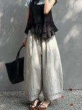 SHOPMOCHO Summer Women's Bloomers Korean Lace Thin Drawstring Splicing Wide-leg Pants Casual Loose Solid Ankle Length Baggy Pants Women