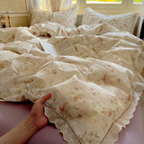 SHOPMOCHO Washed Cotton Duvet Cover Sets Single/Queen/king Flower Printed Bedding Set Princess Style e housse de couette 220x240 with Lace