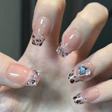 SHOPMOCHO 24Pcs Cat’s Eye Leopard Print Press on Fake Nails Mid-length Ballet False Nails with Rhinestone Detachable Full Cover Nail Tip
