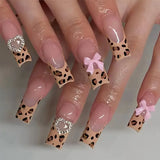 Shopmocho 24Pcs Long Coffin Leopard Print False Nails with Glue Sweet Cool Diamond Fake Nail Set Floral French Press on Wearable Nail Tips