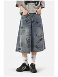 Shopmocho Women Y2k Style Baggy Denim Shorts Wide Leg Short Pants Fashion High Waisted Dark Wash Knee Length Loose Unisex Jeans Casual
