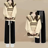 Shopmocho Preppy Style Spring Autumn Women Knit Vest Bandage Shirts Wide Leg Pants Three Piece Set Lady Patchwork Tank Sweater Jeans Suits
