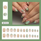 SHOPMOCHO 24pcs False Nails Glossy Green Summer Almond Fake Nail Tips Wearable Detachable Fashion Flower Print Press on Nails for Girl