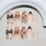 Shopmocho 24Pcs Brown Plaid Press on Nails French Bow Spring False Nail Medium Almond Fashion Atmosphere Wearable Nail for Women&Girl