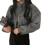 Shopmocho Autumn Winter Loose Woolen Coat Women Large Size with Pockets Small Stand Collar Long Sleeve Button Hong Style Women's Clothing