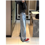 SHOPMOCHO Women American Vintage Light Blue Wide Leg Jeans Y2K Contrast Stitch Embroidered Streetwear Loose Casual Pants