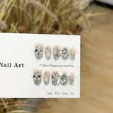 SHOPMOCHO Sweet Lovely Cartoon Bear Long Coffin Stiletto Fake Nails Bowknot Pearl Diamond Flowers Cat Eyes Wearable Fake Nails