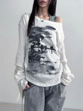 SHOPMOCHO Autumn Harajuku Women Vintage Print Tees Streetwear Grunge Skew Collar Graphic Tshirt Y2k Aesthetic Casual Hiphop Grunge Top