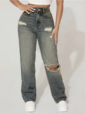 SHOPMOCHO Y2K High Waist Ripped Wide Leg Jeans Women Vintage Washed Distressed Frayed Hem Denim Pants Streetwear Baggy Straight