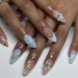 Shopmocho Fish Scale Glitter Powder Long Pointed Fake Nail Shell Pearl Cat Eye Starfish Summer Ripple False Nails Art Charm Press on Nails