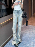 SHOPMOCHO Summer Women Goblin Core Abi Grunge Cyber Punk Flare Jean Y2k Japanese Harajuku Low Rise Ripped Denim Pants 2000s Bell-Bottom