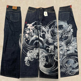SHOPMOCHO Japanese Harajuku Jeans Mens New Dragon High Quality Jeans Gothic Y2K Vintage Hip Hop Streetwear Denim Fabric Wide Leg Pants