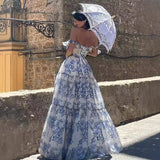 Shopmocho Floral Print Sleeveless Backless Lace Up Midi Prom Dress Women Elegant High Waist A Line Evening Dresses 2025 Summer Outfits