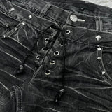 SHOPMOCHOY2K Washed Jeans Gothic Retro Micro Flared Double Waisted Lace Up Pants Men Women Streetwear High Quality Design Sense Trousers