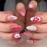 Shopmocho Pink Yellow Halo Dyeing Flower Water Ripple Summer False Nails Leopard Long Pointed Fake Nails Art Press on Nails Charm Manicure