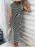 Shopmocho Elegant Waist Tie Striped Round Neck Short Sleeves Long Dress Summer Women's High-End Feel Women's Clothing Skirt
