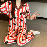 SHOPMOCHO Cute Elephant Strip Print Women's Pajama Set Sleepwear Loungewear Y2K Korean Style Sweet Kawaii Summer New Casual Pajamas Set