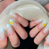 Shopmocho Pink Yellow Halo Dyeing Flower Water Ripple Summer False Nails Leopard Long Pointed Fake Nails Art Press on Nails Charm Manicure