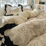 Shopmocho 1.5/1.8 Korean Style 100% Cotton Fitted Sheet Sets with Lace Flower Print Bedding Set for Seasons Home Bedclothes for Adult Kids