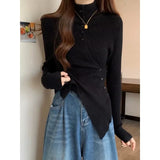 Shopmocho Deeptown Harajuku Black Turtleneck Women Sweaters Criss Cross Irregular Korean Fashion Button Knit Pullovers Slim Warm Aesthetic