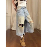 SHOPMOCHO ZHIZOU Summer Women American Retro Jorts Blue Jean Shorts Y2K Harajuku 2000s Washed Ripped Denim Calf-Length Pants High Street