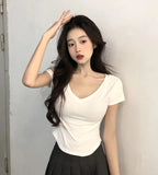 SHOPMOCHO Sexy V-neck Short Sleeve T-shirts for Women Summer New Tees Top Black White Basic Tshirt Y2K Korean Style Women's Clothes 2026