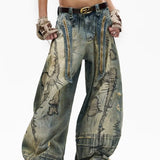 SHOPMOCHO American New Fashion Men's Blue Casual Trendy Daily Loose Wide Leg Hole Patched Embroideried Denim Trousers Male Jeans Pants