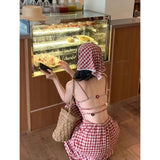SHOPMOCHO-Red Plaid Off-Shoulder Summer Dress Women's Slim Fit Waist-Cinching Long Skirt V-neck Midi Dress Polyester Fiber Sleeveless