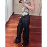 SHOPMOCHO Women's American Blue Button Design Jeans Low Waist Straight Leg Loose Wide Leg Drapey Long Pants Y2K Style Slimming Denim