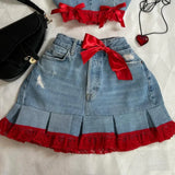 SHOPMOCHO Y2K Leather Spliced Denim Black Two Piece Set Women Harajuku Gothic Long Sleeve Zipper Jacket Mini Pleated Skirt Autumn Jacket