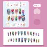 SHOPMOCHO 24pcs White Flower Fake Nail Tips Ins Yellow Pink Blush False Nails Wearable Full Cover European Almond Shaped Press on Nails