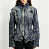 SHOPMOCHO Y2K Vintage Washed Denim Jacket Women Multi Zipper Stand Collar Slim Fit Biker Jean Coat Gothic Streetwear Cropped Outerwear