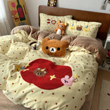 SHOPMOCHO Kawaii Bear Embroidered Winter Bedding Set Thickened Warm Milk Velvet Duvet Cover Set with Sheets Soft Flannel Quilt Cover Kit