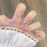 Shopmocho 24Pcs Glitter Diamond Press On Nails Sweet Cute Girl Acrylic Nails Full Cover Short Square Fake Nails Wearable Manicure Nail Tip