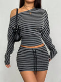 SHOPMOCHO Fashion Casual Sexy Asymmetrical Striped Shoulder Top And Mini Skirt Two-Piece Set for Women