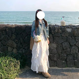 SHOPMOCHO Deeptown Sweet Elegant White Long Skirt Women Fairycore Korean Style Lace Ruffle Skirt Asymmetrical Retro Street Layered Skirts