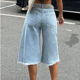 SHOPMOCHO Women Asymmetric Fray Raw Hem Capri Jeans Light Blue Distressed Ripped Loose Fit Street Mid Calf Denim Shorts
