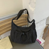 Shopmocho Korean Nylon Shoulder Bag Fashion Simple Plaid Zipper Tote Bag Drawstring Pleated Cloud Bag New Commuter Crossbody Shoulder Bag