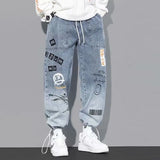 SHOPMOCHO Korean Clothing  Men Letter Printed Jeans High Waisted Baggy Jeans Cartoon Graffiti Hip-Hop Pants Blue Jeans