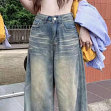 Shopmocho Spring Autumn Vintage Chicly Button Jeans Women American Simple Baggy High Waisted Denim Pants Washed Y2K Wide Leg Jean Trousers