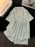 SHOPMOCHO Ins Japanese-Style Minimalist Women's Pajamas Summer Bubble Cotton Cute Girl Loose Short-Sleeve Shorts Loose Summer Outfit Set