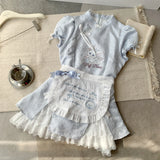SHOPMOCHO Summer Sweet Preppy Style 2 Piece Sets Women Y2k Kawaii Lolita Design Tops + High Waist Chic Skirt Female Princess Retro Outfits