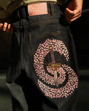 SHOPMOCHO Y2k Men Jeans Samurai Sword Cherry Blossom Embroidery Street Floor Pants Baggy Wide Leg Straight Leg High Waist Denim Jeans