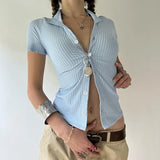 Shopmocho Xingqing Women Shirt y2k Fairycore Clothes Striped Lapel Collar Single Breasted Short Sleeve Blouse Top 2000s Club Streetwear