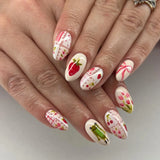 Shopmocho Short Round Head Fake Nails Sweet Strawberry Cherry Flower Bowknot Printed 24Pcs Summer Press On Nails for Girls DIY Manicure